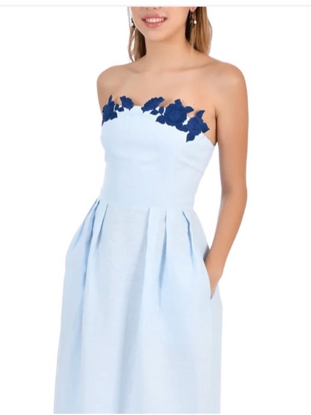 Strapless Light Blue Dress with Navy Floral Appliqué